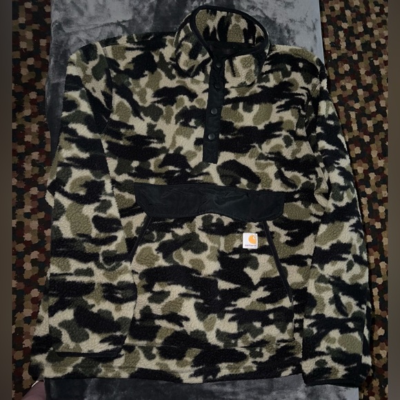 Carhartt Relaxed Fit Fleece Pullover in Black Blind Duck Camo Size XL - Picture 8 of 9
